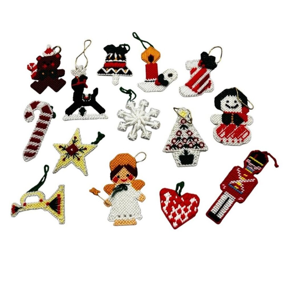 14 Pc Lot Vintage 80s Handmade Christmas Ornaments Yarn Punch Needle Kitschy